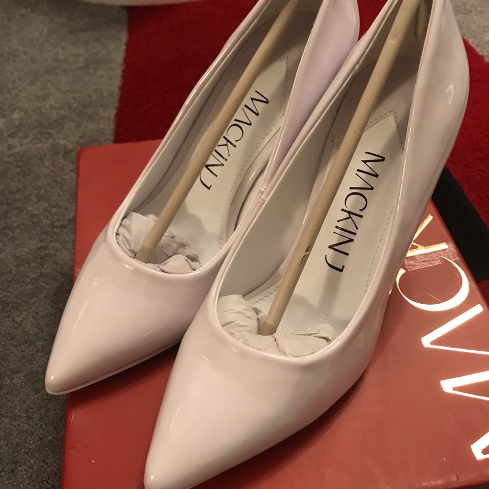 White patent leather heels
